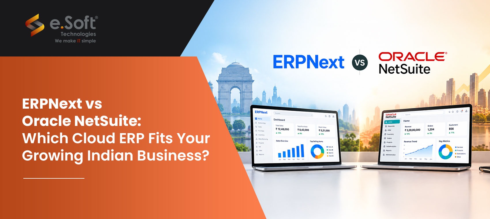 ERPNext vs Oracle NetSuite comparison banner showing both ERP dashboards for Indian businesses